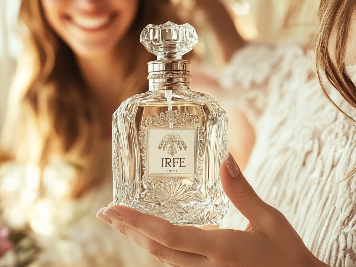 Hauschks Geschaft -Hauschks Geschaft A woman at home smiling and holding a crystal Vanilla perfume bottle with IRFE label on it 1200x900 1